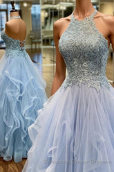 Elegant A-Line Halter Appliques Light Blue Semi Formal Prom Dress